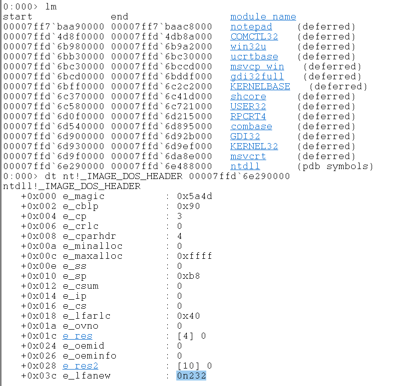 WinDbg output of the DOS headers