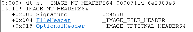 WinDbg output of the NT headers